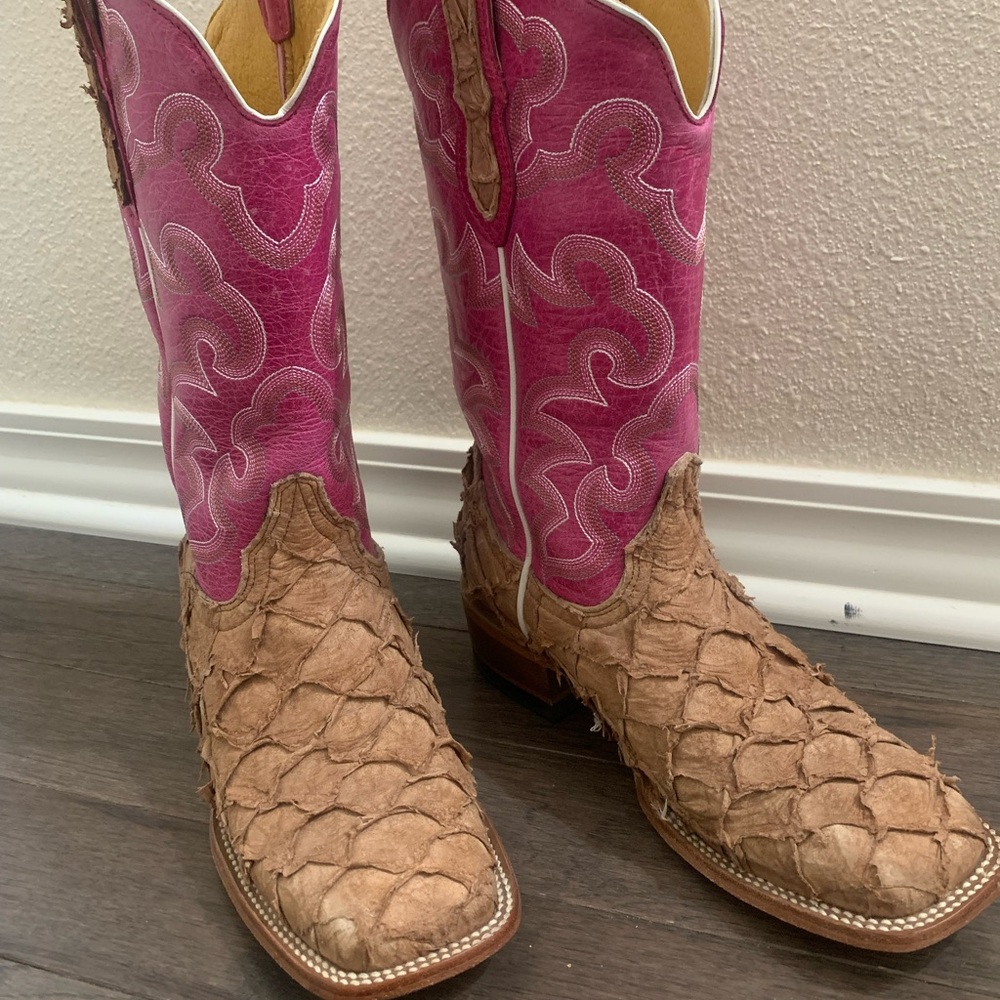 Pink and Tan Women's Natural Exotic Arapaima Western Boots